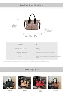 Detailed size chart and specifications for the casual contrast stitching tote bag