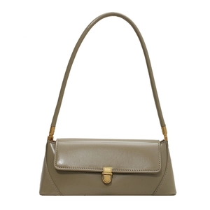 Retro khaki baguette bag with stylish gold metal buckle on a clean white background