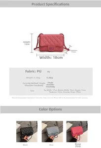 Size guide for quilted PU leather chain bag showing dimensions and black, blue, pink colors