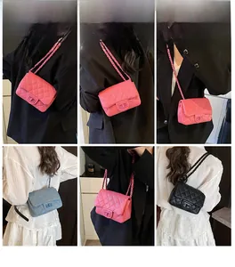 Quilted chain shoulder bag in pink, blue, and black shown on model in various outfits