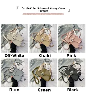 Detailed grid showing six stylish square handbags with silk scarves in multiple colors