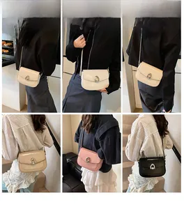 Model lifestyle shots of minimalist saddle bags in cream, beige, pink and black colors