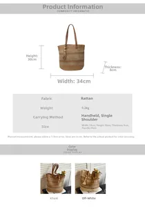 Detail view of woven straw tote bag with dimensions 34x30x8cm and leather handles