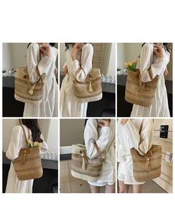 Detailed views of the straw tote bag showing mesh texture and beaded tassel decor
