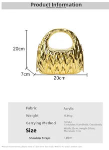 Detail of gold mirror acrylic evening bag with wave texture and dimension specifications