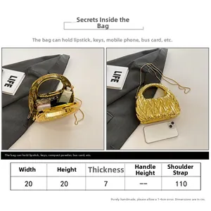 Size chart showing a gold ruched acrylic clutch bag measuring 20x20x7cm with chain