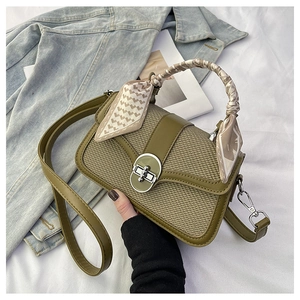 Vintage green patchwork crossbody bag with decorative scarf and metal buckle lock