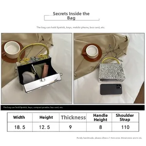 Size chart for silver acrylic evening bag with gold dragon handle and dimensions