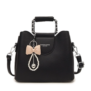 Classic black litchi pattern leather handbag with silver chain strap and heart charm