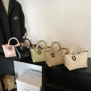 Women Handbag Glossy PU Leather Shoulder Crossbody Tote Bag With Bow Bead Charm Chic Trendy Minimalist Casual Daily