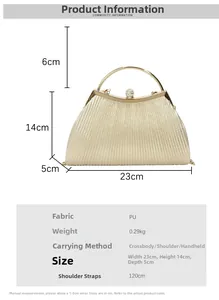 Detail view of gold evening bag with dimensions 23x14x5cm and metal ring handle