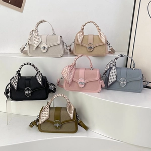 Women Square Crossbody Bag PU Leather Woven Fabric Scarf Wrapped Handle Vintage Twist Lock Elegant Daily Commute