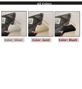 Three pleated evening bags in silver, gold, and black with metal handles and chain straps