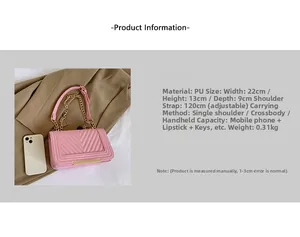 Pink quilted shoulder bag specifications with 22x13x9cm dimensions and golden chain