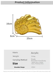 Detailed dimensions of a gold conch shell acrylic evening bag with a metal chain strap