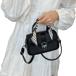 Retro black woven handbag with silk scarf handle and silver buckle for women