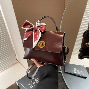 Women Retro PU Leather Shoulder Crossbody Bag Fashion Solid Color Handbag With Decorative Satin Scarf Round Metal Lock