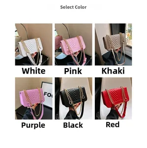 Grid display of quilted chain crossbody bags in white, pink, khaki, purple, black and red