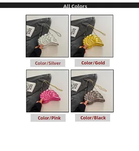 Shell-shaped acrylic evening bags in gold, silver, pink, and black with chain straps