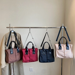 Women Tote Bag Large Capacity Nylon Canvas PU Leather Handles Contrast Color Shoulder Crossbody Simple Fashion Retro