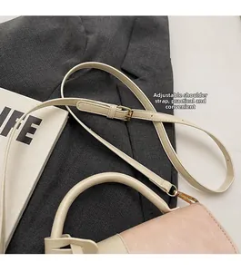 Detail of pink and beige crossbody bag with adjustable strap and golden metal buckle