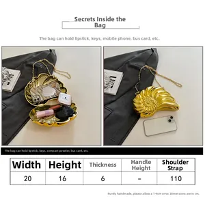 Size guide for acrylic shell clutch showing 20cm width and 110cm gold chain strap