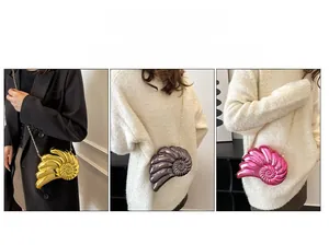Three-frame detail view showing shell-textured evening clutch bags in gold, grey, and pink