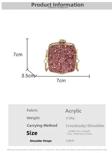 Pink sequin acrylic mini evening bag specifications with 110cm metal chain strap details