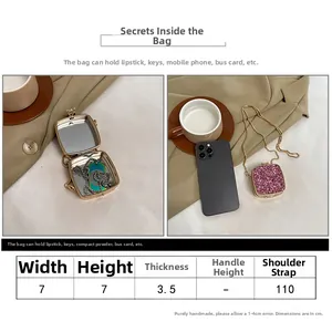 Detailed size guide for mini acrylic evening bag with dimensions and capacity info