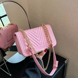 Pink V-quilted faux leather chain shoulder bag with elegant gold metal decorative trim