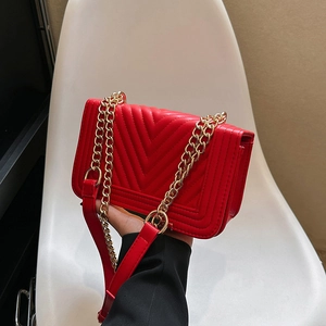 Red quilted leather crossbody bag with gold chain strap and elegant V-stitch pattern