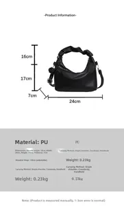 Detailspezifikationen der schwarzen PU-Ledertasche mit Maßen und gefaltetem Griffdesign