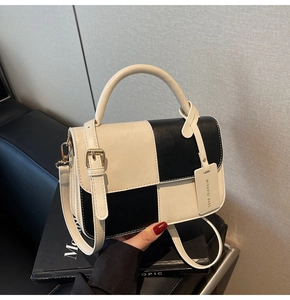 Detailed shot of the black and white patchwork handbag with golden buckle and logo tag