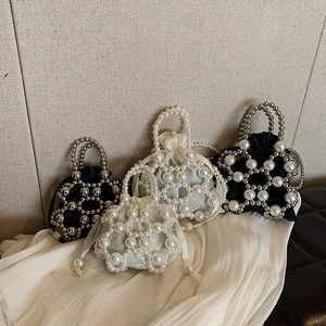 Sac À Main En Künstliche Perles Tissé Main Sac Seau À Cordon Doublure En Satin Vintage Sac Sous L'aisselle Élégant Femme