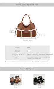 Détails des dimensions et spécifications du grand sac cabas en daim marron et noir
