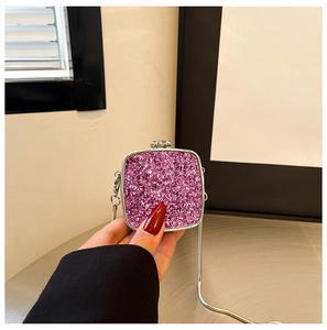 Mini acrylic party clutch bag in purple with sequins, rhinestones and silver chain