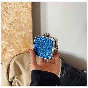 Mini blue sequin acrylic clutch bag with silver chain and vintage rhinestone trim