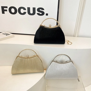 Elegant Pleated Evening Clutch Bag For Women With Metal Round Handle Rhinestone Clasp And Detachable Chain Strap Party Wedding Handbag