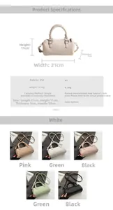 Detailed size chart of the Boston bag with multiple colors like khaki, pink, and black