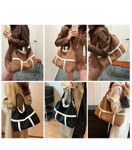 Collage de mannequins portant des sacs cabas en daim marron et noir pour l'automne