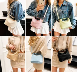 Collage of pleated crossbody bags in six colors shown with various fashion outfits