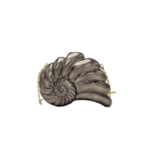 Unique nautilus shell crossbody bag with metallic charcoal finish and gold chain strap