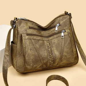 Vintage Damen Umhängetasche Mehrere Taschen Große Kapazität Gewaschenes Kunstleder Retro Schultertasche Mit Webdetail