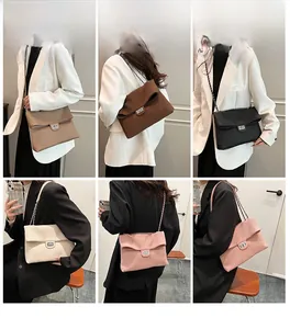 Model display of pleated tote bags with chain straps in five versatile neutral colors