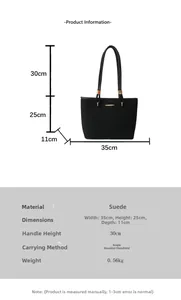 Detailed size chart for the black suede tote bag with dimensions and technical specifications