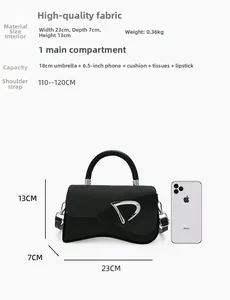 Size chart showing black crossbody bag dimensions 23x7x13cm with iPhone size reference