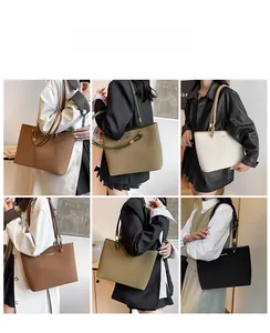 Collage of model wearing minimalist matte tote bags in brown, olive, beige, and black colors