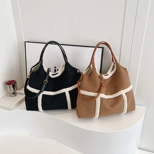 Sac Fourre Tout En Suède Et Pochette Intérieure Avec Bordure En Polaire Sherpa Grand Sac À Main Bandoulière Femmes Automne Hiver