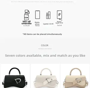 Detail view of structured handbag showing metal D-buckle and storage capacity illustrations
