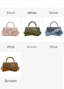 Collage showing various colors of minimalist crossbody box bags with a metal D-buckle
